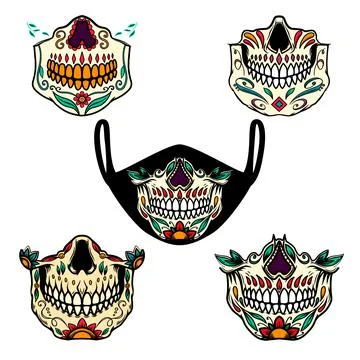 Set of illustrations of human jaw bone from mexican sugar skulls. For printin Illustrazione stock