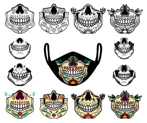 Set of illustrations of human jaw bone from mexican sugar skulls. For printin Stock Illustration