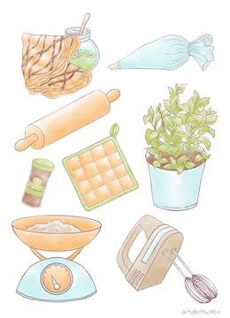 A set of illustrations on a kitchen Stock Illustration