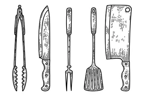 Set of illustrations of kitchenware in engraving style. Kitchen knife, fork,  Stockillustratie