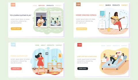 Set of illustrations with learning and practicing playing guitar. Website with Illustrazione stock