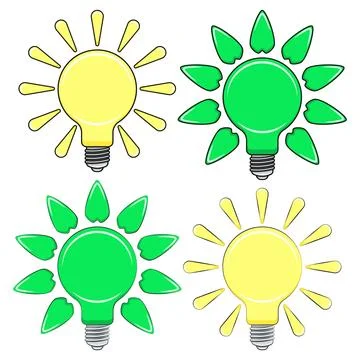 Set of illustrations with light bulbs, rays and leaves, green energy, solar Stock Illustration