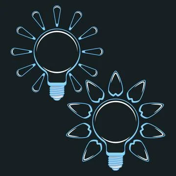 Set of illustrations with light bulbs, rays and leaves, green energy, solar Stock Illustration