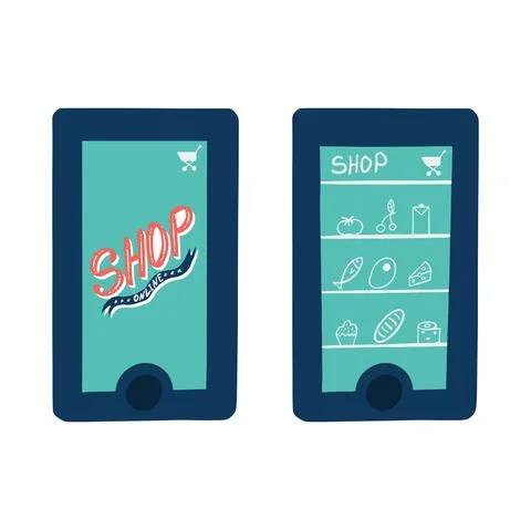 A set of illustrations online store. Ordering products via the app Stock Illustration