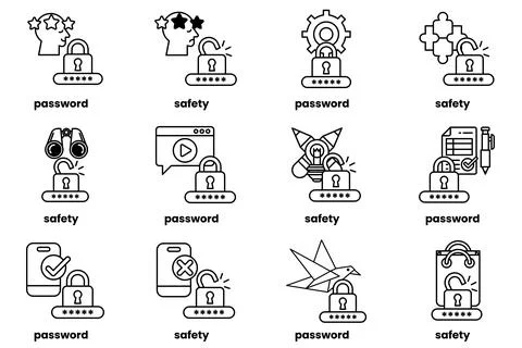 Set of illustrations of Password keys and stuff in line art style Stock Illustration