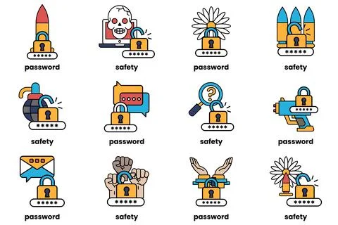 Set of illustrations of Password keys and stuff in line art style Stock Illustration
