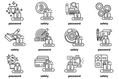 Set of illustrations of Password keys and stuff in line art style 스톡 일러스트