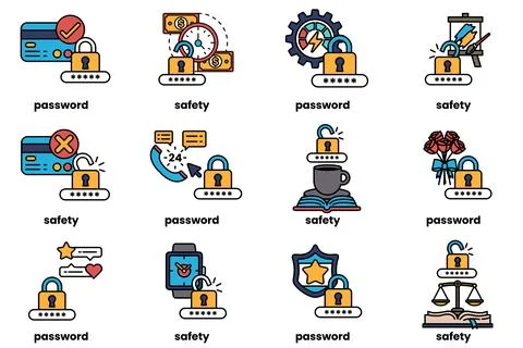 Set of illustrations of Password keys and stuff in line art style Ilustración de archivo