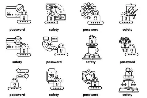 Set of illustrations of Password keys and stuff in line art style Ilustración de archivo