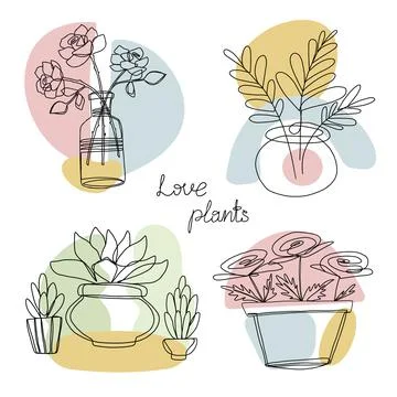 A set of illustrations, plants are drawn with one line. Illustrazione stock