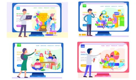 A set of illustrations on the presentation of a new program. Online store 스톡 일러스트