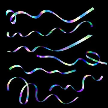 Set of illustrations with rainbow holographic wave ribbons on a black isolated Stock Illustration