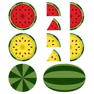Set of illustrations with red and yellow watermelon. Stock Illustration