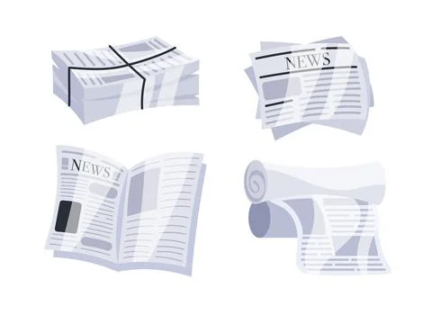 Set of illustrations representing newspapers folded, rolled and stacked Stock-Illustration