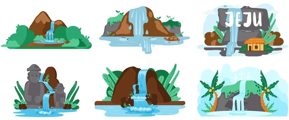 Set of illustrations of rock and falling water, tropical river and waterfall Stock Illustration