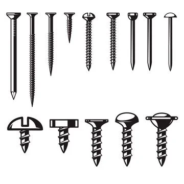 Set of illustrations of screws and nails. Design element for logo, label, sig Stock Illustration