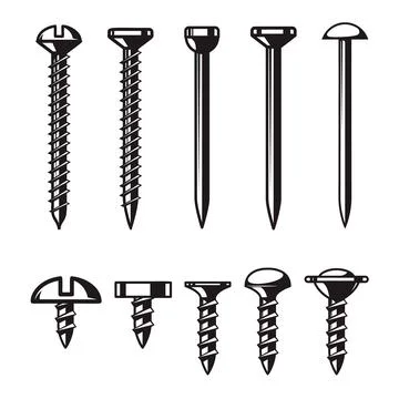Set of illustrations of screws and nails. Design element for logo, label, sig Stock Illustration
