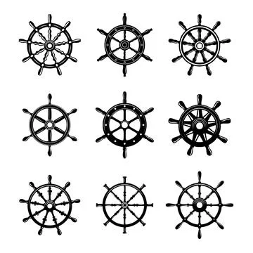 Set of illustrations of ship wheel. Design element for logo, label, sign, emb Stock Illustration