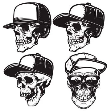 Set of Illustrations of skull in baseball cap in monochrome style. Design ele Stock Illustration
