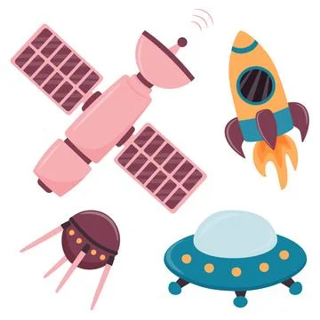 A set of illustrations with a space station, satellite, rocket and spaceship. Illustrazione stock