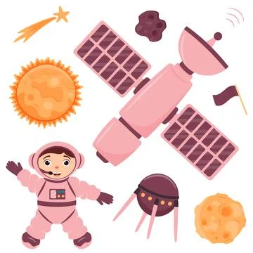A set of illustrations with a space station, satellite, astronaut, moon, su.. Stock Illustration