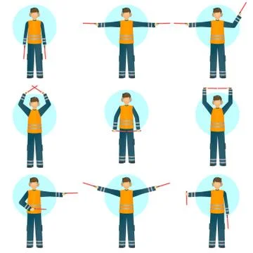 Set of illustrations of a special worker in reflective clothing showing signals Illustrazione stock
