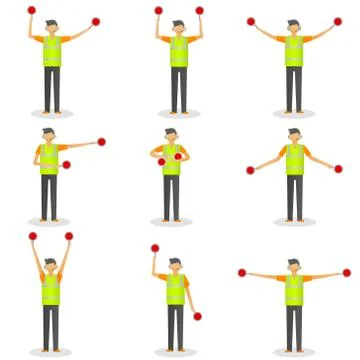 Set of illustrations of a special worker in reflective clothing showing signals Stock Illustration