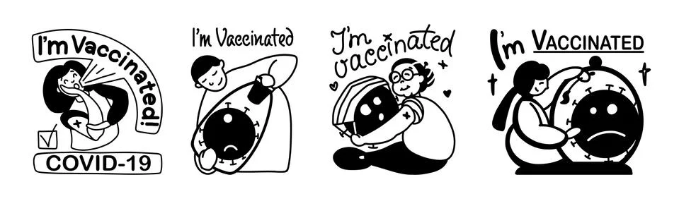 A set of illustrations of stickers, with text on the topic of vaccination from Stock Illustration