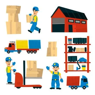 Set Of Illustrations With Storehouse Workers Illustrazione stock