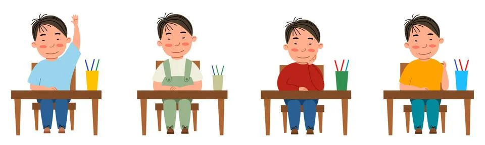 A set of illustrations with a student sitting at a classroom desk. The Asian boy Stock Illustration