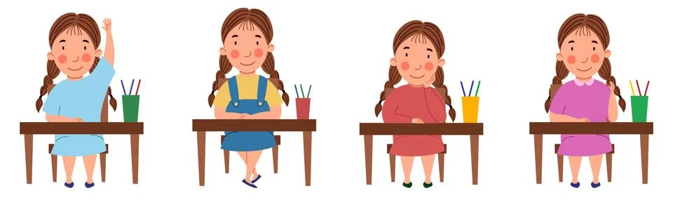 A set of illustrations with a student sitting at a classroom desk. The girl with Stock Illustration