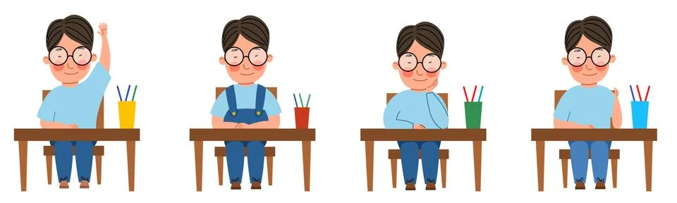 A set of illustrations with a student sitting at a classroom desk. An Asian boy Stock Illustration