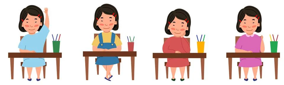 A set of illustrations with a student sitting at a classroom desk. The Asian Stock Illustration
