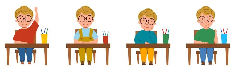 A set of illustrations with a student sitting at a classroom desk. the Stock Illustration