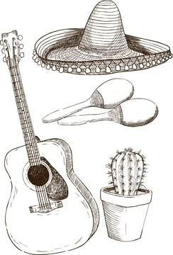 A set of illustrations in the style of a sketch on the theme of Mexico Stock Illustration