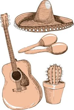 A set of illustrations in the style of a sketch on the theme of Mexico Stock Illustration