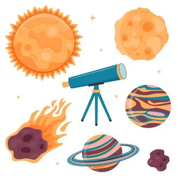 A set of illustrations with the sun, moon, planets, meteorite and telescope.. Ilustração Stock