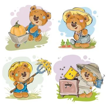 Set of illustrations of of teddy bear beekeeper, farmer. 스톡 일러스트