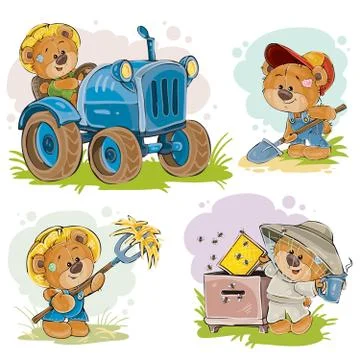 Set of illustrations of teddy bears tractor driver, beekeeper, farmer. 스톡 일러스트