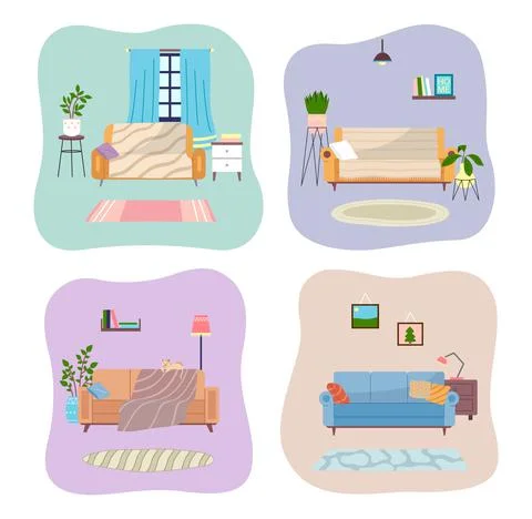 Set of illustrations on the theme of apartment layout. Living room sofa vector Illustrazione stock