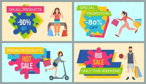 Set of illustrations on the theme of discounts and black friday. People with Stock Illustration