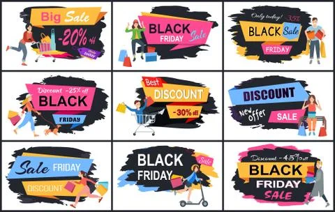 Set of illustrations on the theme of discounts and black friday. People with Stock Illustration