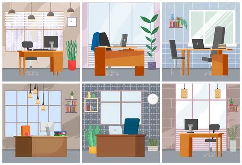 Set of illustrations on the theme of interior layout of the workplace. Design of 스톡 일러스트