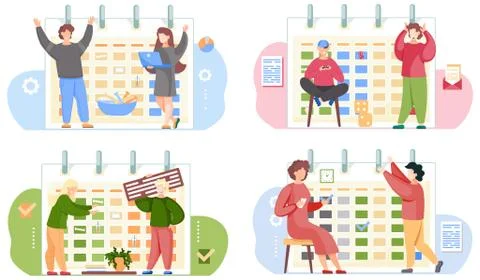 A set of illustrations on the theme of joint games and work. Timetable or Illustrazione stock