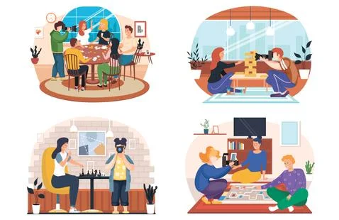 A set of illustrations on the theme of photo sessions in the apartment. People Stock-Illustration