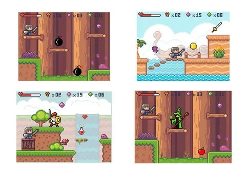 Set of illustrations on the theme of the pixel game. Knight in armor collects Stock Illustration
