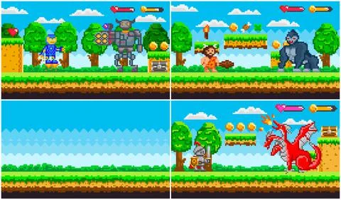 Set of illustrations on theme of pixel game, arcade about fights. Robots Ilustración de archivo