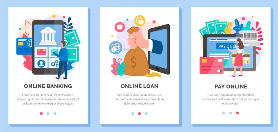 A set of illustrations on the theme of programs for performing banking Stock Illustration