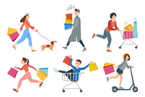 Set of illustrations on the theme of shopping and people with purchases Ilustración de archivo