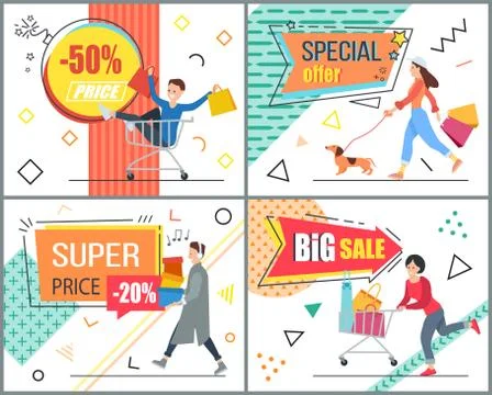 Set of illustrations on the theme of special offer and discounts. People are Stock Illustration